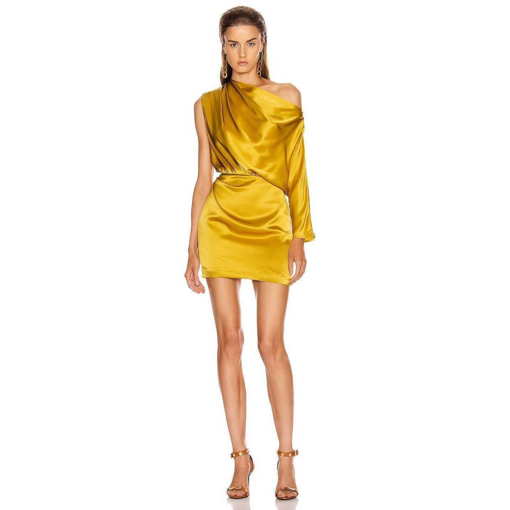 One-Shoulder Satin Mini Dress in Gold